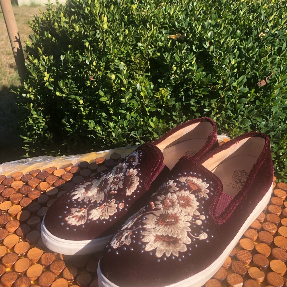 Embroidered Velvet Slip-On Sneakers - Burgundy Floral Sneakers Size 11W